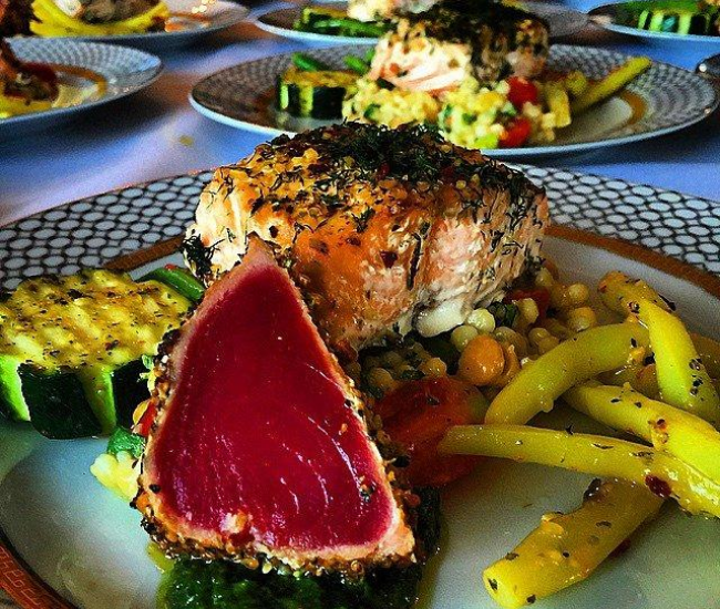 Seared tuna and salmon